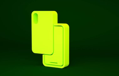 Sarı Akıllı Telefon, yeşil arkaplanda izole edilmiş bir cep telefonu simgesi. Minimalizm kavramı. 3d illüstrasyon 3B canlandırma.