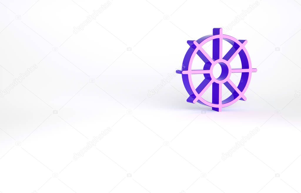 Purple Dharma wheel icon isolated on white background. Buddhism religion sign. Dharmachakra symbol. Minimalism concept. 3d illustration 3D render.