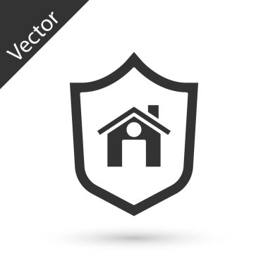 Beyaz arka planda kalkan simgesi olan gri ev. Sigorta konsepti. Güvenlik, güvenlik, koruma, konsept koruma. Vektör