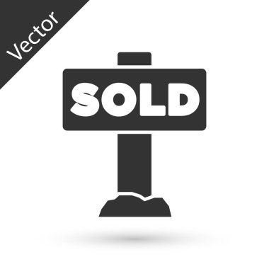 Beyaz arka planda izole edilmiş mesaj simgesi satılan gri asma işareti. Çıkartma satıldı. Tabela satıldı. Vektör