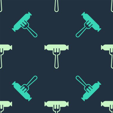 Çatal ikonundaki yeşil ve bej sosis mavi arkaplandaki pürüzsüz deseni izole etti. Izgara sosis ve aroma işareti. Vektör