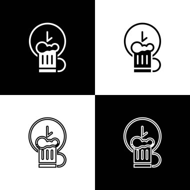Set Happy hour with wooden beer mug icon isolated on black and white background. Vector vector Set Happy hour with wooden beer mug icon isolated on black and white background. Vector vector
