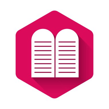 Beyaz Emir simgesi uzun gölgeli bir arkaplan ile izole edildi. Tanrılar hukuku kavramı. Pembe altıgen düğmesi. Vektör