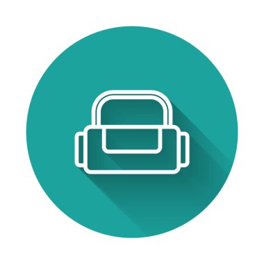 Beyaz çizgi spor çanta simgesi uzun gölge arkaplan izole. Yeşil daire düğmesi. Vektör