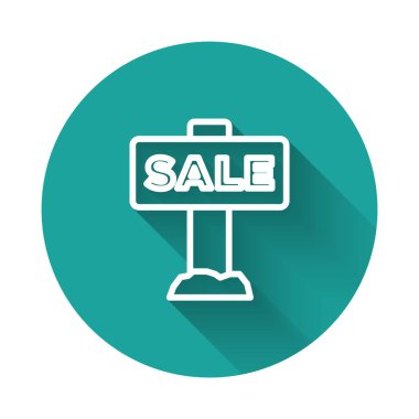 Uzun gölge arkaplan ile izole edilmiş metin satışı simgesi ile beyaz çizgi asılı. Mesaj indirimli tabela. Yeşil daire düğmesi. Vektör