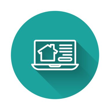 Laptop ikonundaki beyaz çizgi çevrimiçi emlak evi uzun gölge arkaplanlı izole edilmiş. Ev kredisi konsepti, kira, satın alma, mülk alma. Yeşil daire düğmesi. Vektör