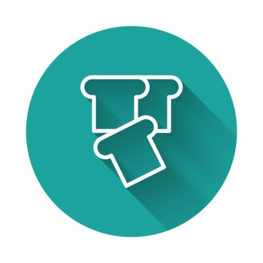 Uzun gölgeli izole edilmiş kızarmış ekmek dilimi için beyaz çizgili ekmek tostu. Öğle yemeği, akşam yemeği, kahvaltı atıştırmalığı. Yeşil daire düğmesi. Vektör