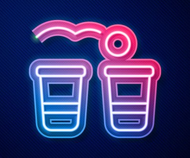 Parlayan neon hattı bira pong oyun simgesi mavi arkaplanda izole edildi. Alkol partisi oyunu. Vektör