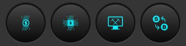 Kripto para birimini devrede, işlemci çipini dolarla, madencilik monitörünü, kazmayı ve takas ikonunu ayarla. Vektör.