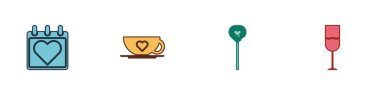 Takvimi kalp, kahve fincanı, lolipop ve şarap ikonu ile ayarla. Vektör.