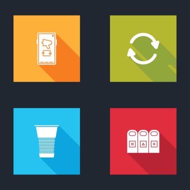 Megafonu mobil, yenilenme, kağıt bardak ve çöp tenekelerine yerleştirin. Vektör.
