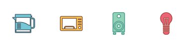 Elektrik ısıtıcısı, mikrodalga fırın, ses hoparlörü ve ampul ikonunu ayarla. Vektör.