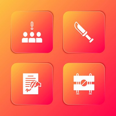 Kalabalık protestosu, askeri bıçak, dilekçe ve bariyer ikonu oluşturun. Vektör.