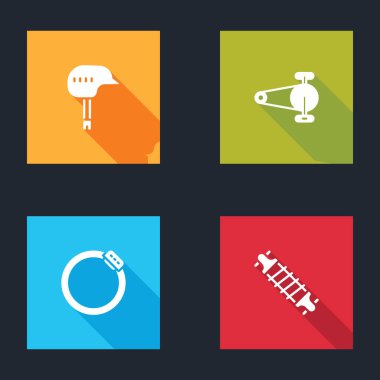 Bisiklet kaskı, dişli zincir, fren diski ve süspansiyon simgesini ayarla. Vektör.