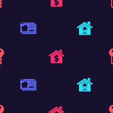 Ev, çevrimiçi gayrimenkul, dolar sembolü ve anahtarı kusursuz desen üzerine ayarla. Vektör