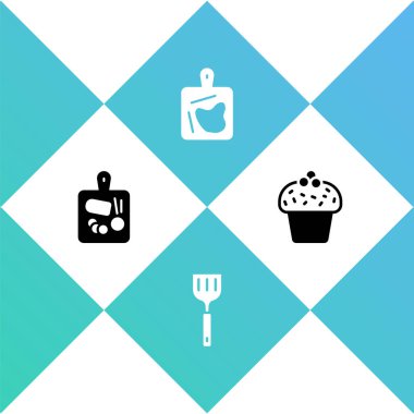 Kesme tahtası, Spatula ve Kek simgesini ayarla. Vektör