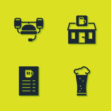 Bira kaskı, bir bardak bira, menü ve dükkan ikonu. Vektör