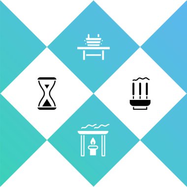 Sauna kum saati, Aroma mumu, kovalı bank ve tütsü çubukları ikonu. Vektör