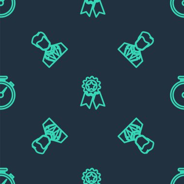 Çizgi Madalyası 'nı yıldızla, takım elbiseli adam kullanıcısıyla ve kusursuz desenli Stopwatch' la ayarla. Vektör.