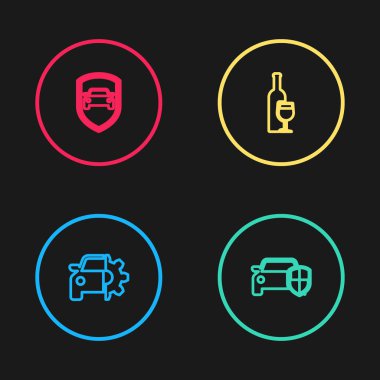 Araba servisi, koruma ya da sigorta, cam ve ikonlu şarap şişesi. Vektör.