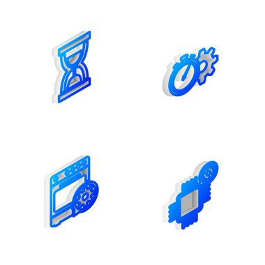 Isometric hattı zaman yönetimi ayarını kum, fırın ve işlemci simgesi olan eski kum saati ayarla. Vektör.