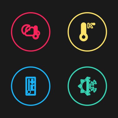 Meteoroloji termometresi, güneş ve kar tanesi ve termometre bulutu, ay ikonu. Vektör.