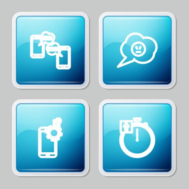 Cep telefonundan Sohbet mesajları, sinirli gülümsemeli konuşma balonu, mobil servis ve Ktopwatch simgesi ayarla. Vektör.