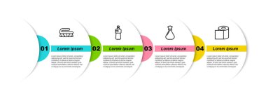 Temizlik için sıra fırçası, bulaşık deterjanı, çöp torbası ve tuvalet kağıdı rulosu. Ticari bilgi şablonu. Vektör.