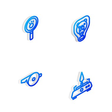 Isometric hattını Ayı kafasının kalkanına, Paw aramasına, Islık ve Kamp gaz sobası ikonuna ayarla. Vektör