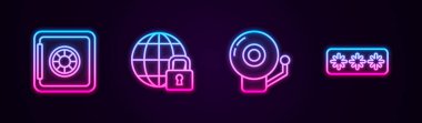 Hat güvenli, küresel tecrit, alarm zili ve şifre koruması. Parlayan neon ikonu. Vektör
