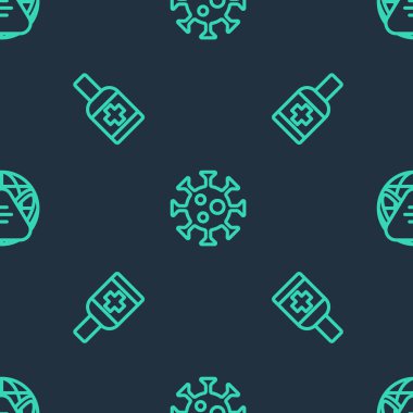 Hat Virüsü, Sıvı Antibakteriyel Sabun ve Dünya 'yı kusursuz şekillerde tıbbi maskeyle donatın. Vektör