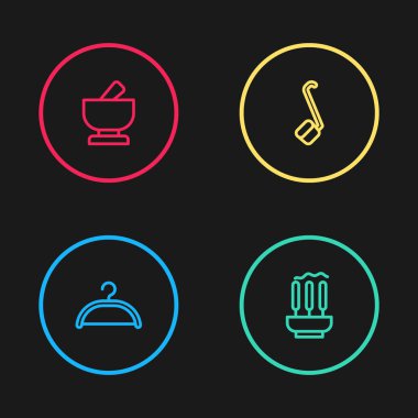 Hat askısı, tütsü çubukları, sauna kepçesi, havan topu ve tokmak ikonu. Vektör