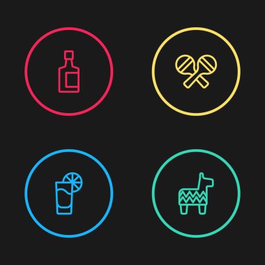 Limonlu tekila bardağı, Pinata, Maracas ve şişe ikonu koyun. Vektör