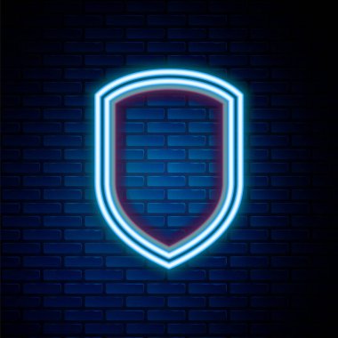 Glowing neon line Shield icon isolated on brick wall background. Guard sign. Colorful outline concept. Vector