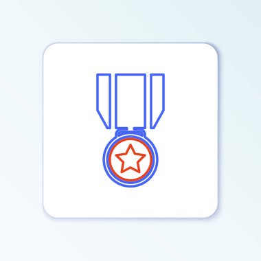 Beyaz arkaplanda yıldız simgesi olan çizgi madalyası. Kazanan başarı işareti. Ödül madalyası. Renkli taslak konsepti. Vektör