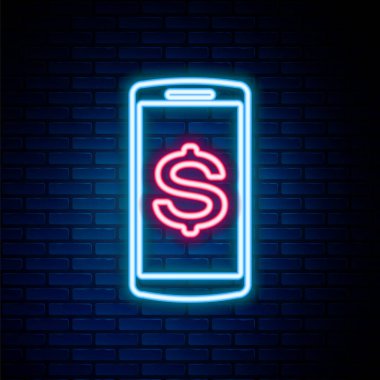 Parlayan neon hattı, dolar sembollü akıllı telefon tuğla duvar arkasında izole edilmiş. İnternetten alışveriş konsepti. Finansal cep telefonu. Çevrimiçi ödeme. Renkli taslak konsepti. Vektör