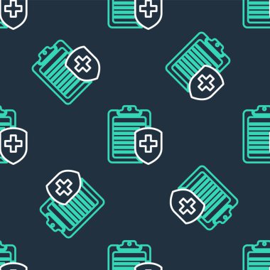Line Clipboard with medical insurance icon isolated seamless pattern on black background. Patient protection. Clipboard and shield with a cross.  Vector