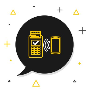 Yazılı tarifli POS terminali ve ödemenin akıllı telefon simgesi tarafından beyaz arkaplanda izole edildiğini doğruluyor. NFC ödeme konsepti. Renkli taslak konsepti. Vektör