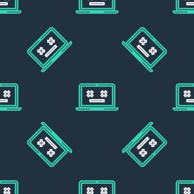 Line Dead laptop icon isolated seamless pattern on black background. 404 error like laptop with dead emoji. Fatal error in pc system.  Vector