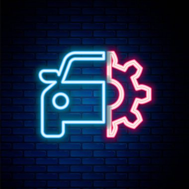 Parlayan neon hattı araba servisi simgesi tuğla duvar arkasında izole edildi. Otomobil tamircisi. Tamirci servisi. Tamirci oto tamircisi. Bakım tabelası. Renkli taslak konsepti. Vektör