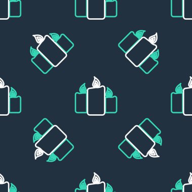 Line Burning candles icon isolated seamless pattern on black background. Old fashioned lit candles. Cylindrical aromatic candle sticks with burning flames.  Vector