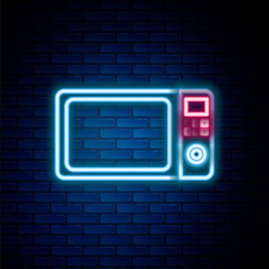 Parlayan neon hattı mikrodalga fırın ikonu tuğla duvar arka planında izole edilmiş. Ev aletleri ikonu. Renkli taslak konsepti. Vektör