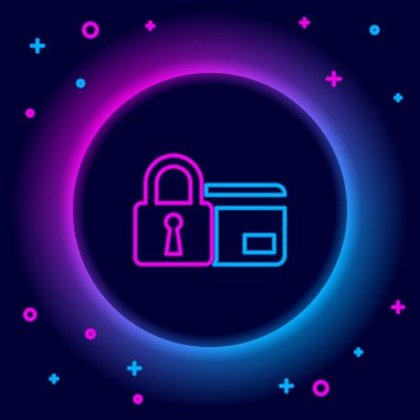 Siyah arkaplanda kilit simgesi olan parlak neon hat kredi kartı. Kilitli banka kartı. Güvenlik, güvenlik, koruma kavramı. Güvenli ödeme kavramı. Renkli taslak konsepti. Vektör