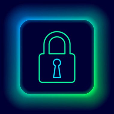 Parlayan neon çizgi simgesi siyah arkaplanda izole edildi. Kapalı asma kilit işareti. Siber güvenlik kavramı. Dijital veri koruması. Güvenlik kilidi. Renkli taslak konsepti. Vektör