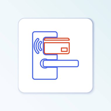 Beyaz arkaplanda izole edilmiş ikonu açmak için kablosuz teknolojiye sahip çizgi dijital kapı kilidi. Kapı kolu tabelası. Güvenlik akıllı ev. Renkli taslak konsepti. Vektör