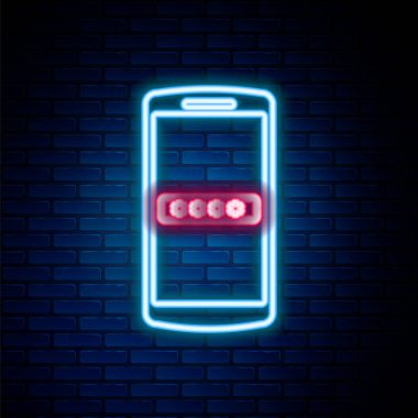 Parlayan neon hattı cep telefonu ve şifre koruma simgesi tuğla duvar arka planında izole edildi. Güvenlik, güvenlik, kişisel erişim, kullanıcı izni, mahremiyet. Renkli taslak konsepti. Vektör