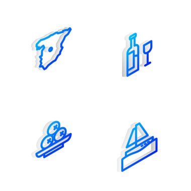 Isometric hattı cam şarap şişesi, İspanya haritası, tabakta zeytin ve yat teknesi ikonu. Vektör
