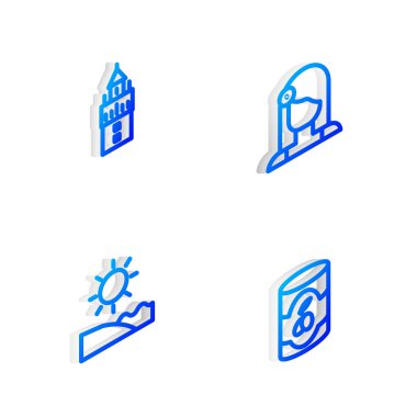 Isometric hattını İspanyol kadın, Giralda, Plaj ve Zeytinleri ikona yerleştir. Vektör