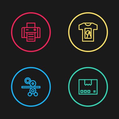 Kağıt rulo matbaa, karton karton kutu, tişört ve matbaa simgesini ayarla. Vektör