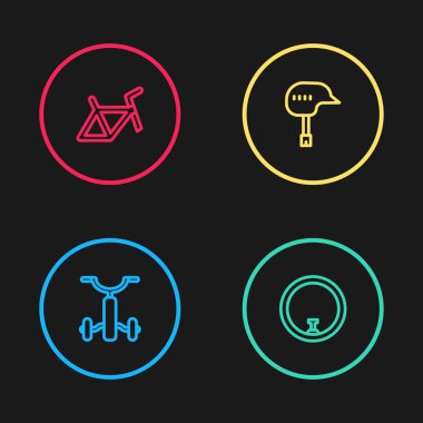 Çocuklar için bisiklet, tekerlek, kask ve çerçeve simgesi ayarla. Vektör